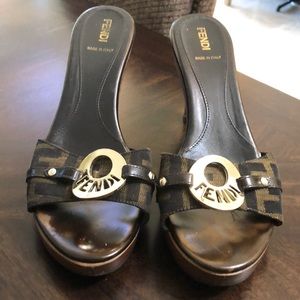 FENDI ZUCCA Leather & Canvas Sandal Mules